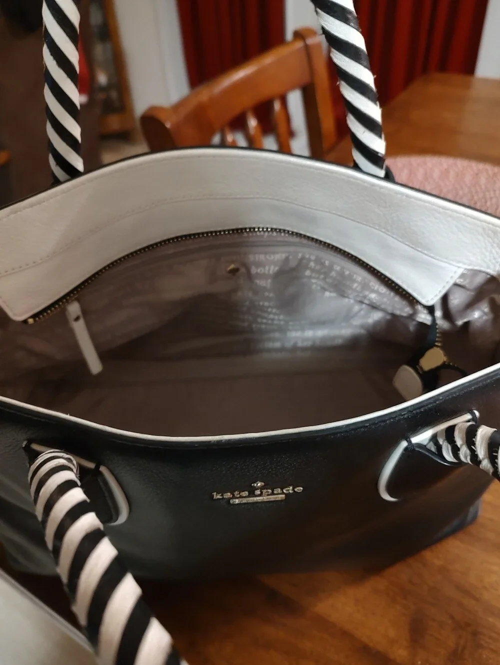 kate spade Black Leather Tote with Black-and-White Striped Handles